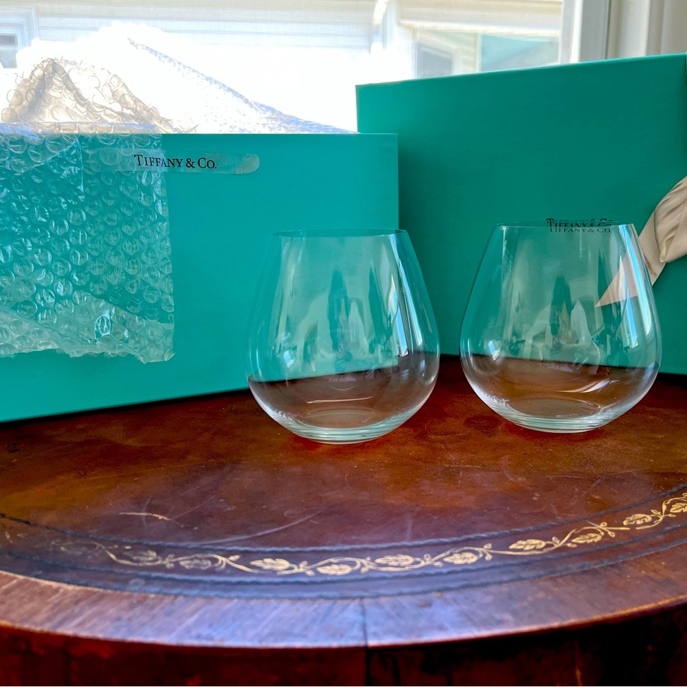 Tiffany Stemless Crystal Wine Glasses. Set of Four (4).